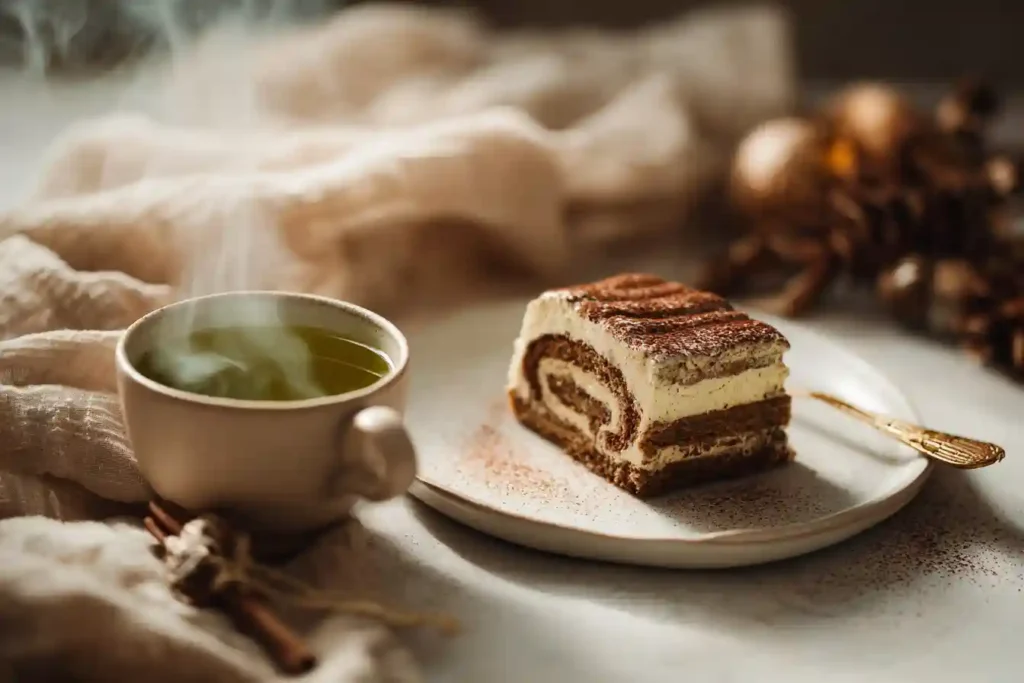 Part de bûche tiramisu mascarpone accompagnée d’une tasse de thé vert