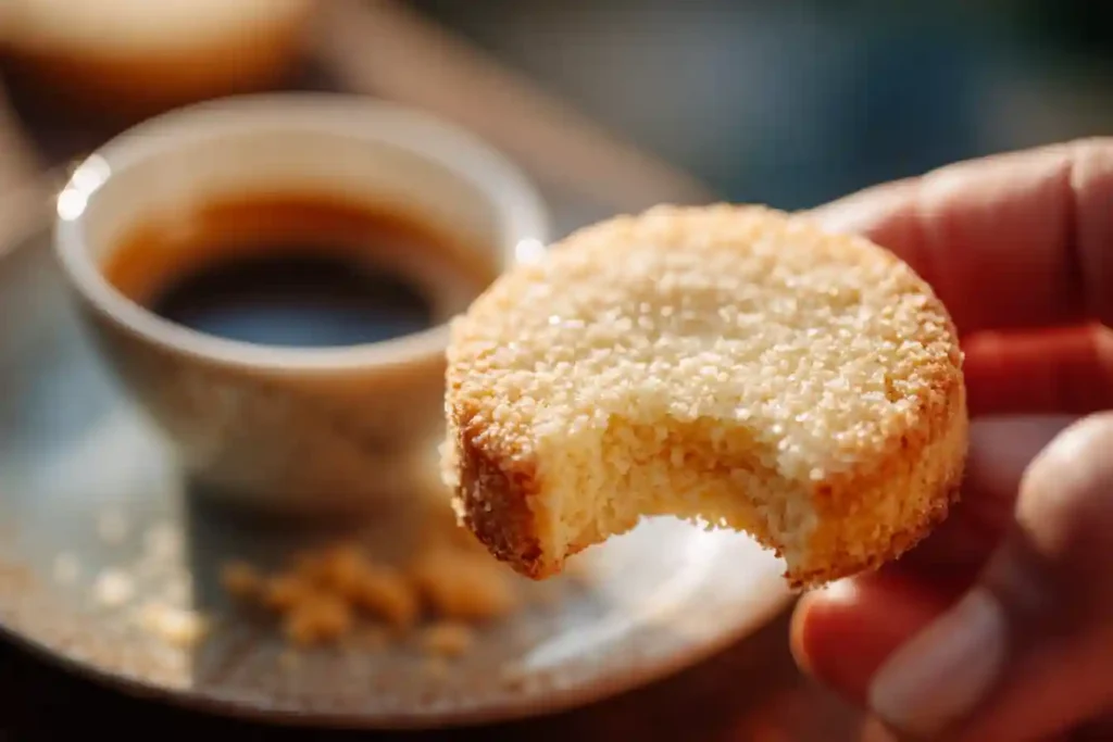 Morceau de sablé marseillais croqué, miettes visibles, espresso en arrière-plan