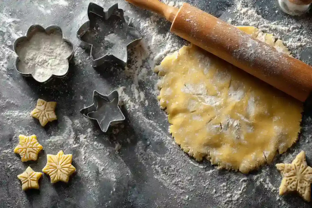 Pâte à sablés étalée avec emporte-pièces de Noël