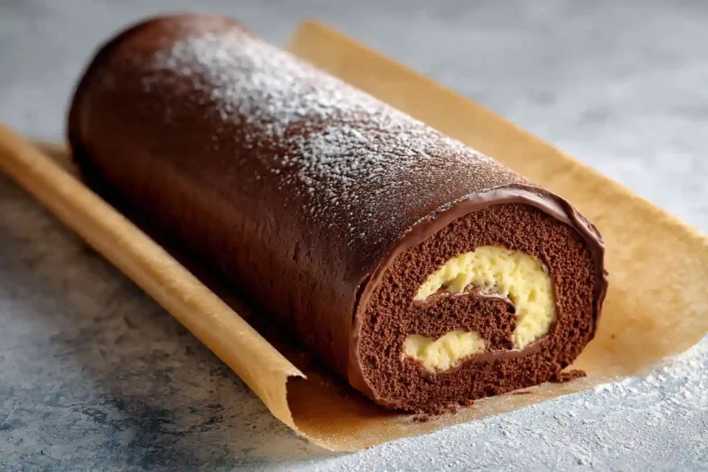 Biscuit roulé au chocolat sur papier cuisson