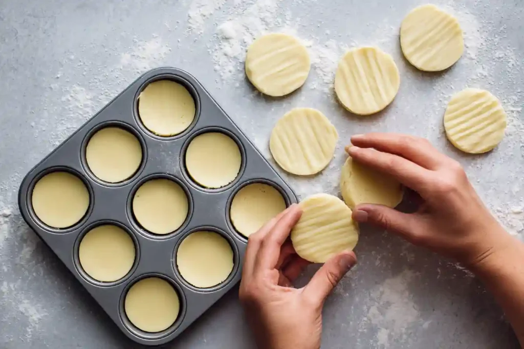 recette sablés bretons pur beurre: Disques de pâte à sablés bretons placés dans des moules à muffins
