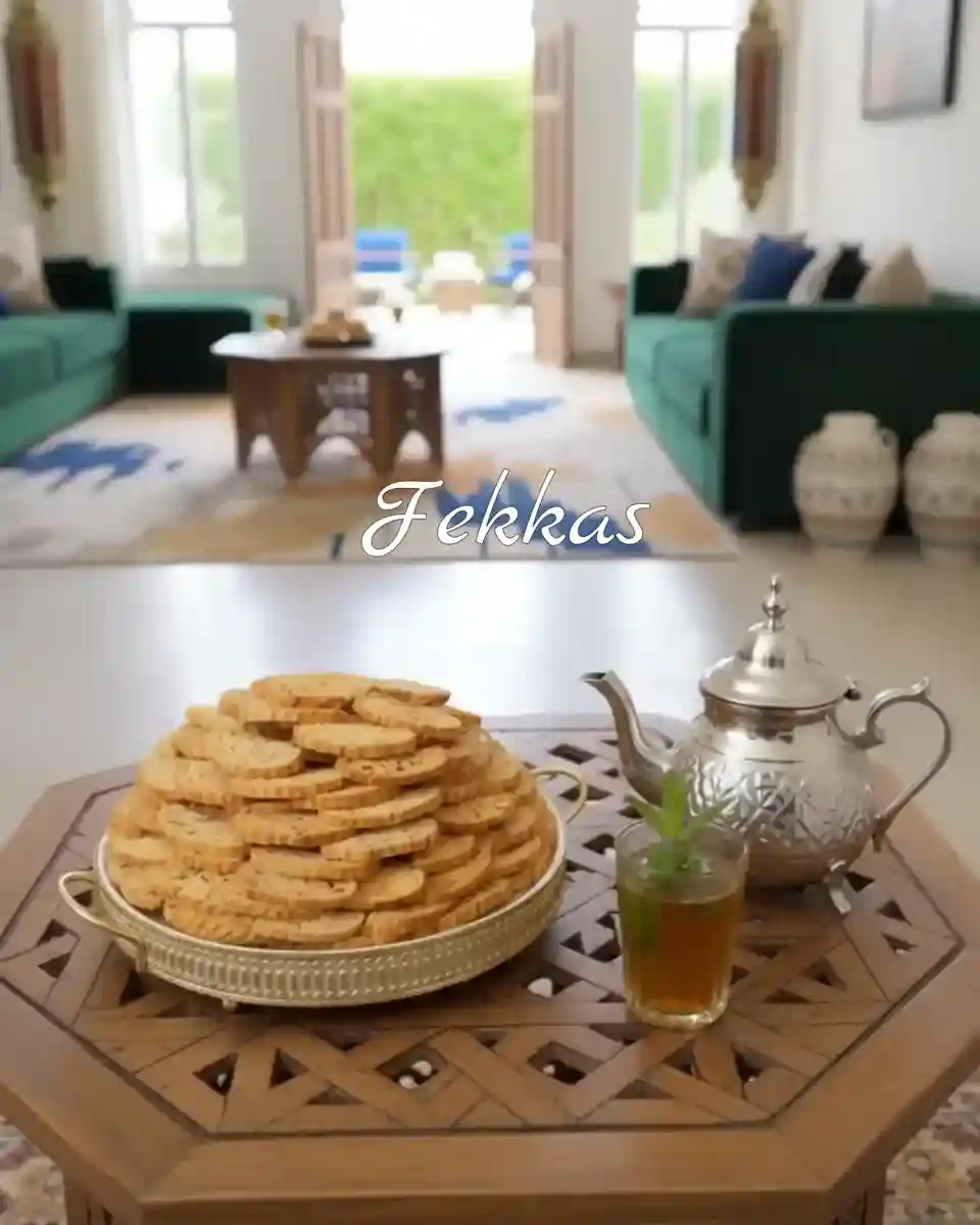 Plateau de fekkas marocains avec thé à la menthe posé sur une table sculptée dans un salon marocain lumineux