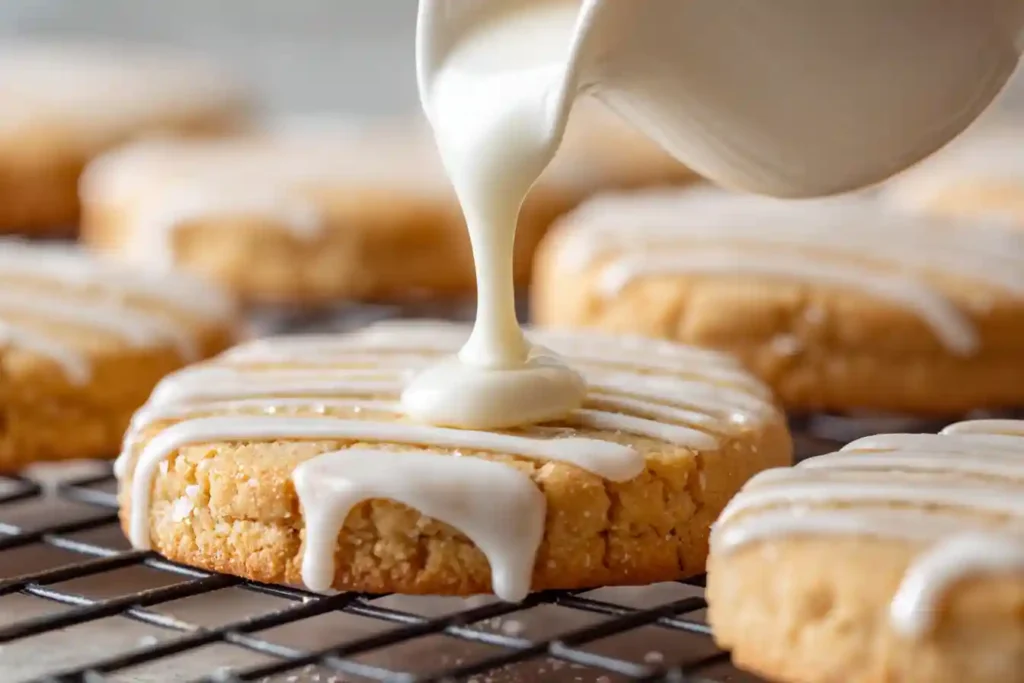 sablés de Noël avec glaçage blanc versé sur un biscuit