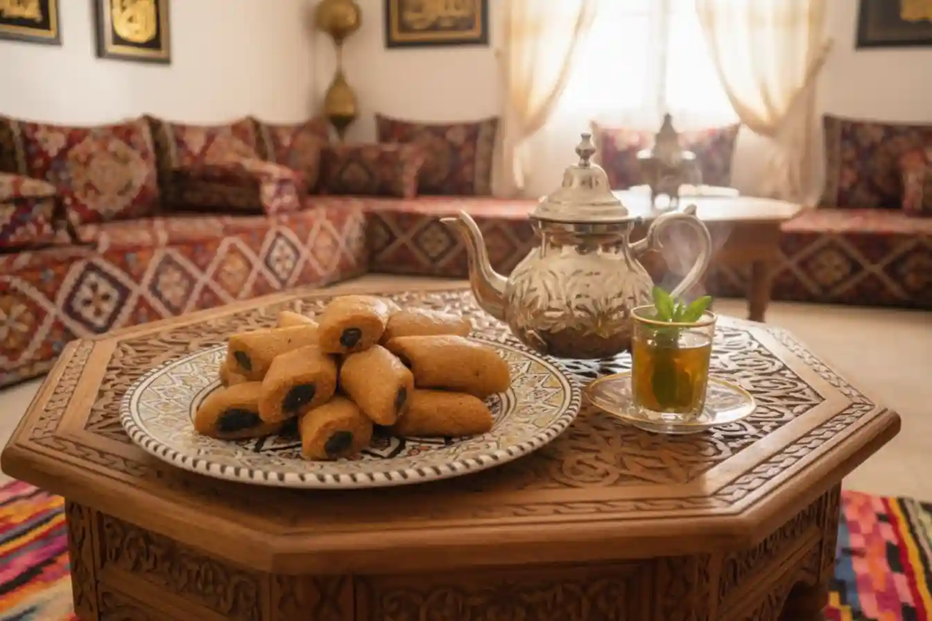 Makrout servis dans un salon marocain avec thé à la menthe