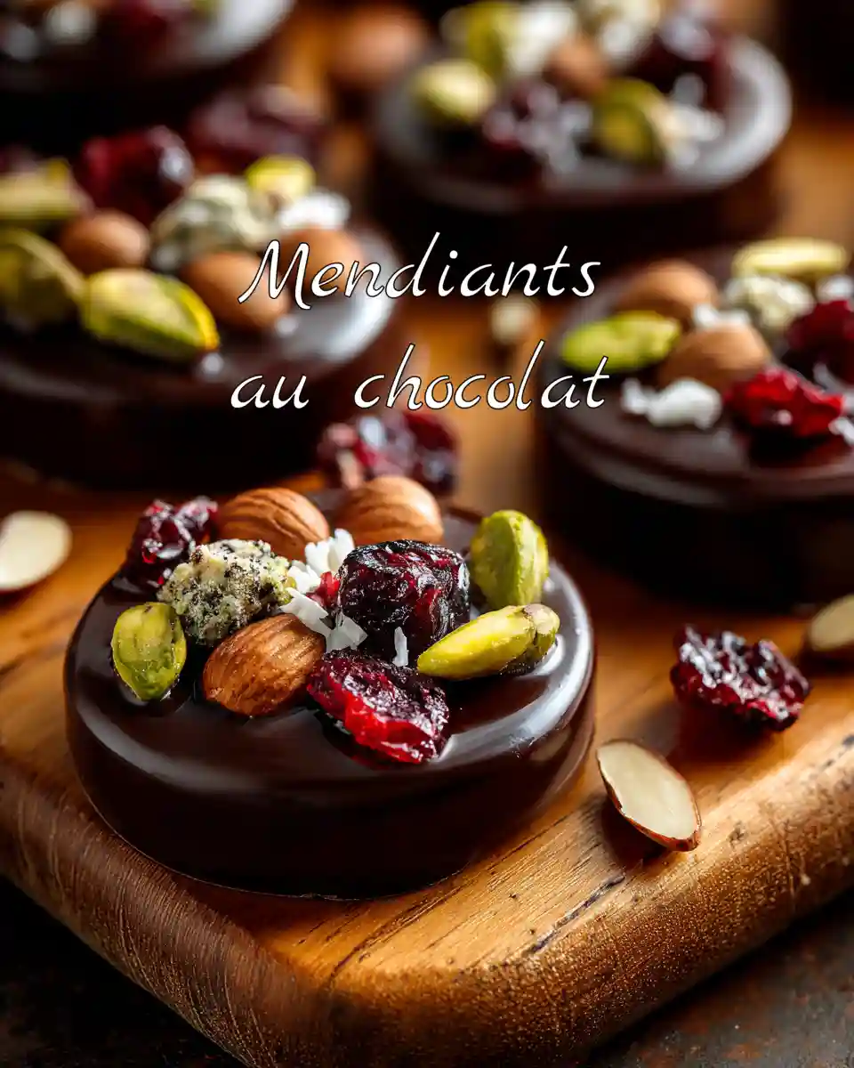 Mendiants au chocolat maison posés sur une planche en bois avec fruits secs