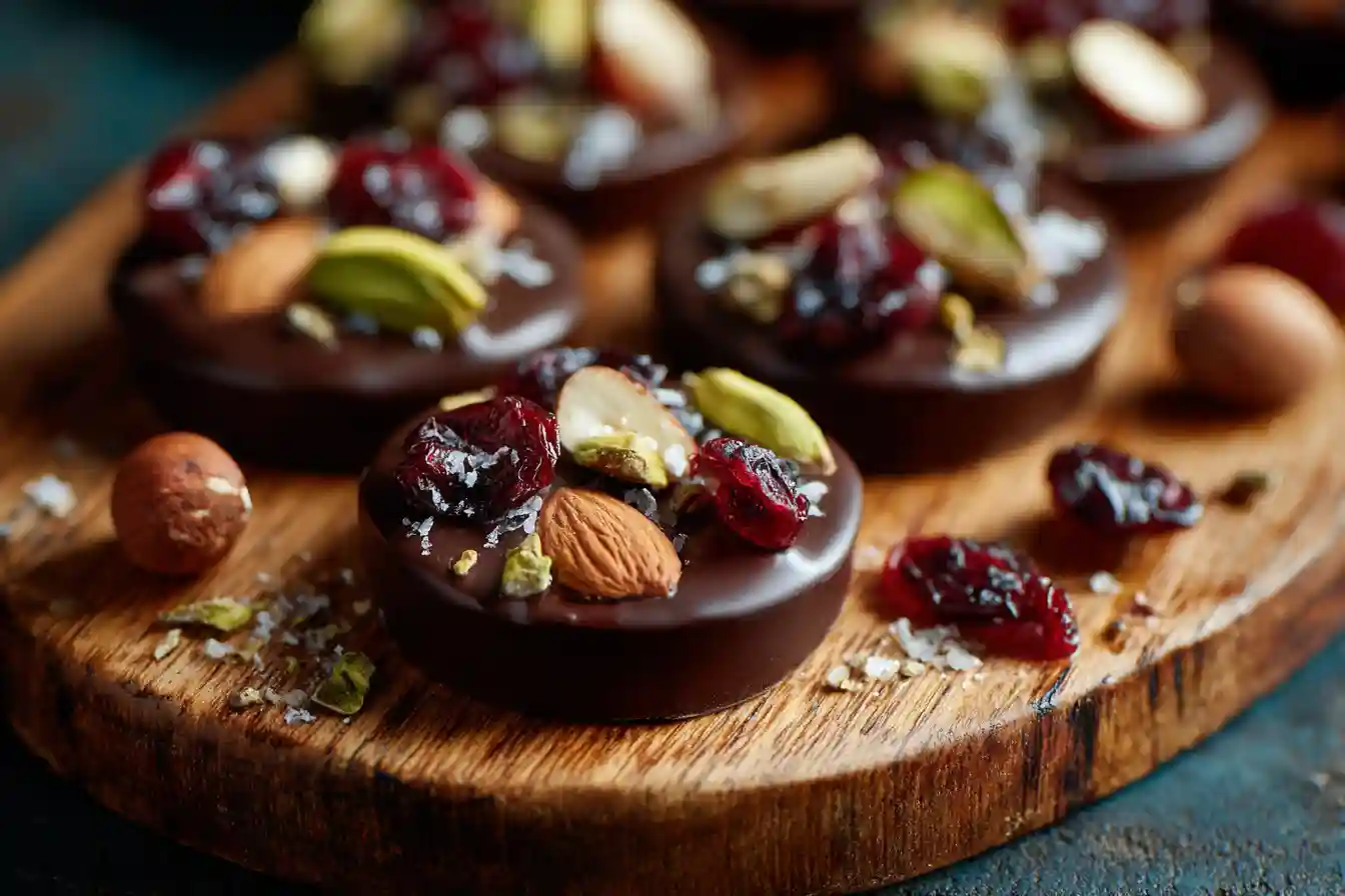 Mendiants au chocolat maison posés sur une planche en bois avec fruits secs