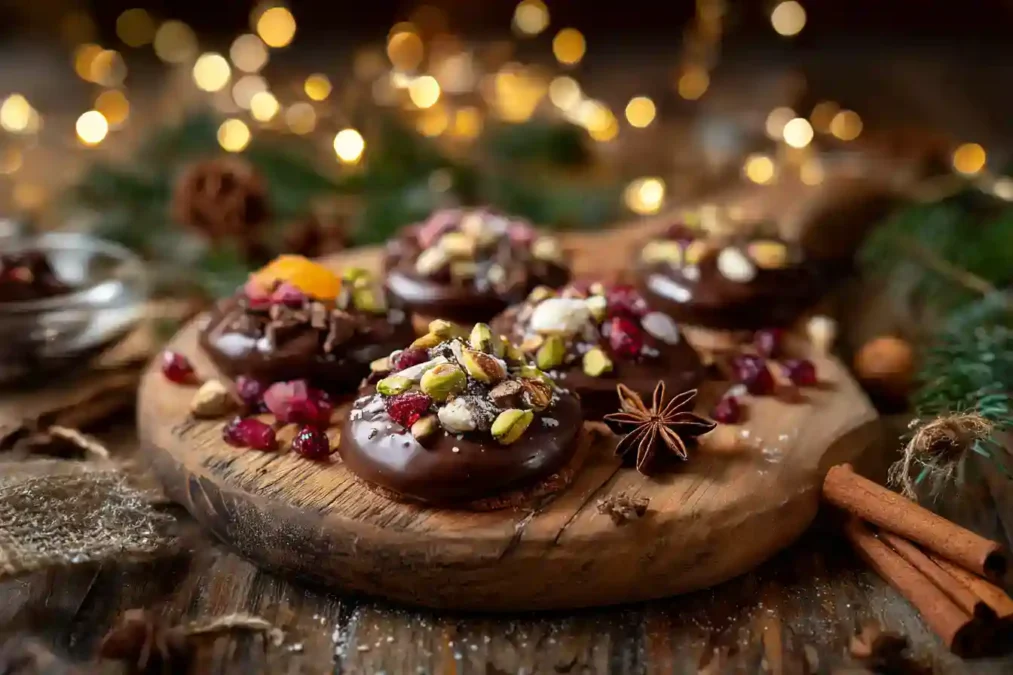 Mendiants au chocolat élégants disposés sur une assiette en ardoise dans un style raffiné