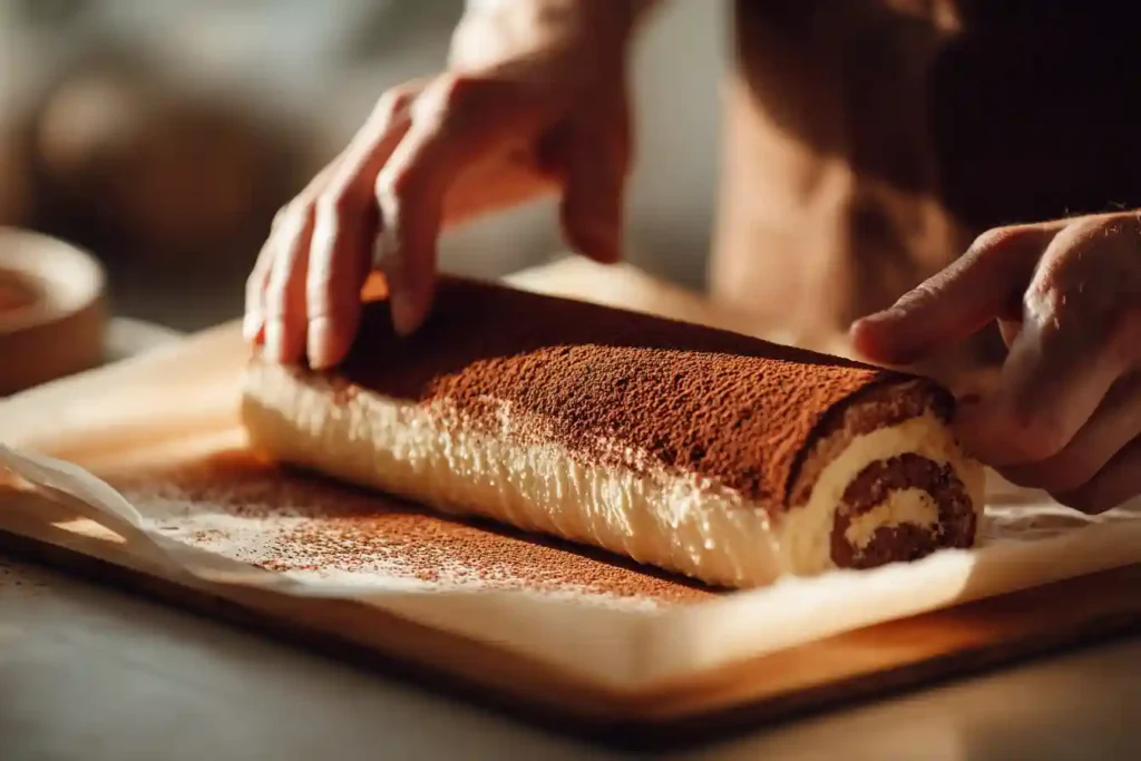 Montage de la bûche tiramisu avec crème mascarpone et sirop au café