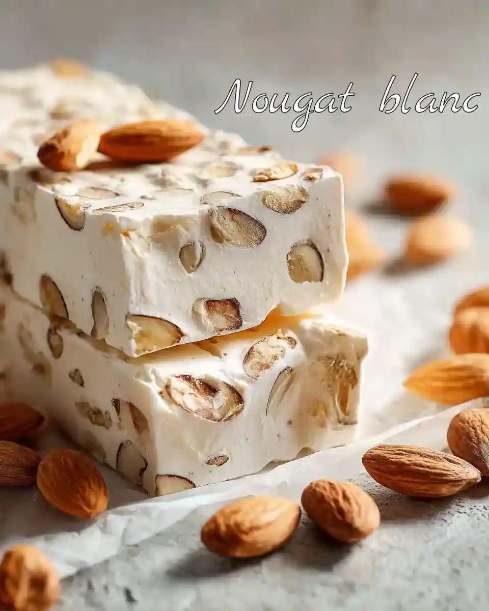 Nougat blanc maison coupé en tranches sur un plan clair