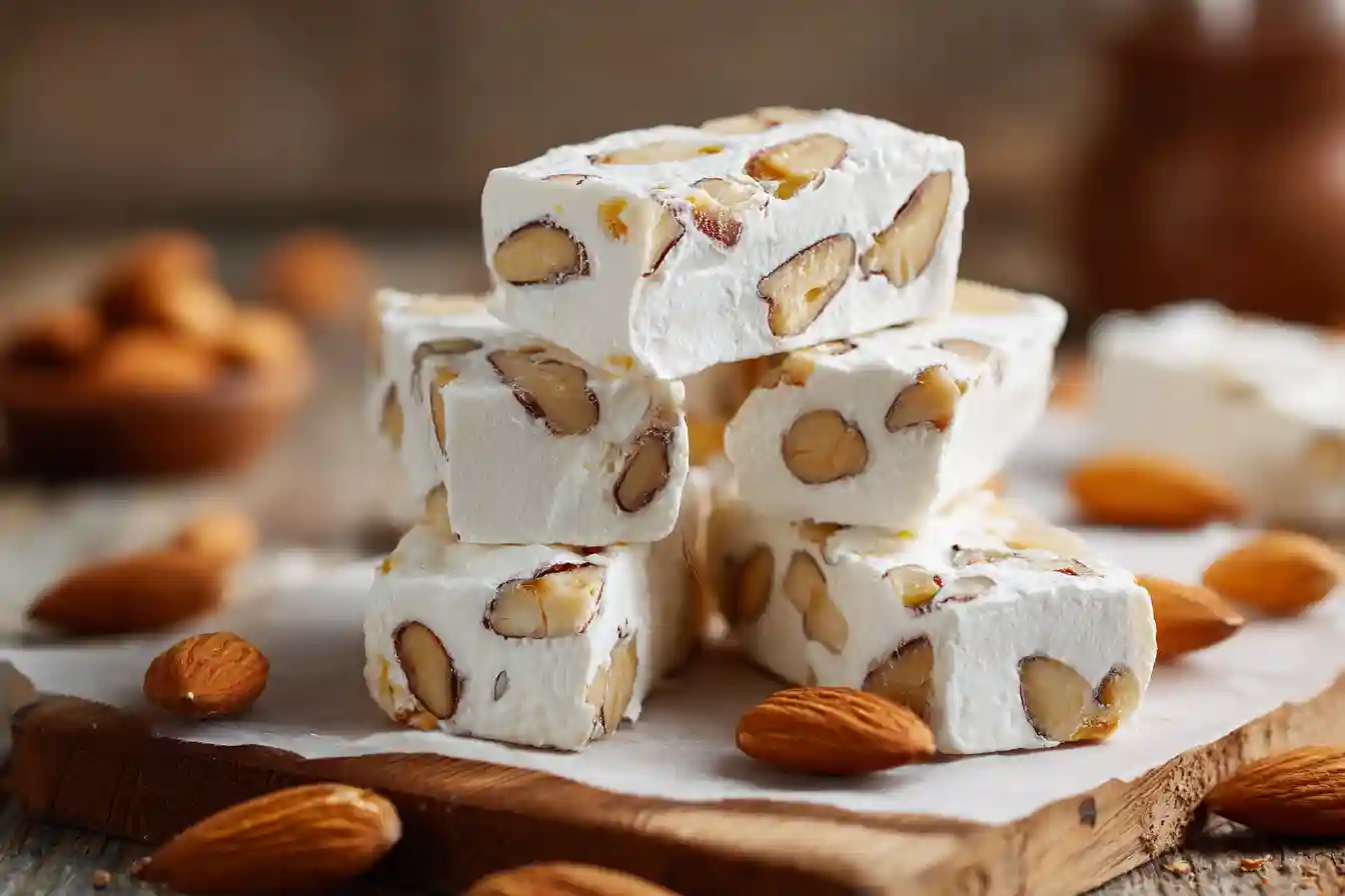 Nougat blanc maison coupé en tranches sur un plan clair