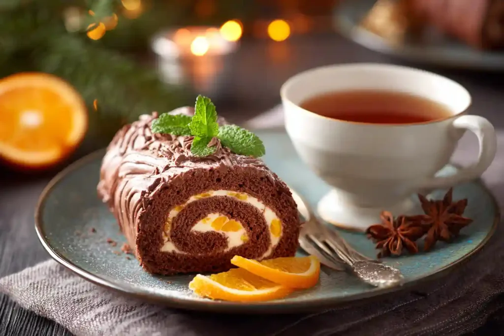 Part de bûche roulée au chocolat et à la mandarine servie dans une assiette avec une tasse de thé et décorée de feuilles de menthe