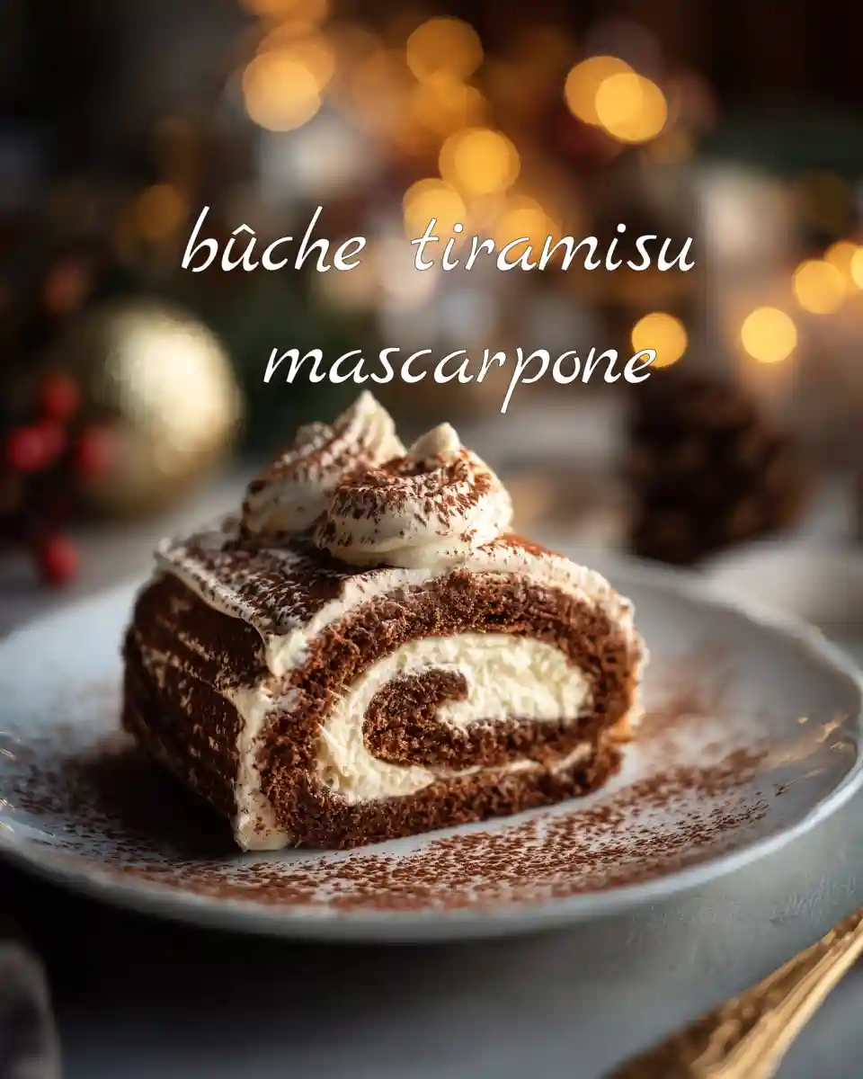 Une part de bûche tiramisu mascarpone saupoudrée de cacao sur une table de fête
