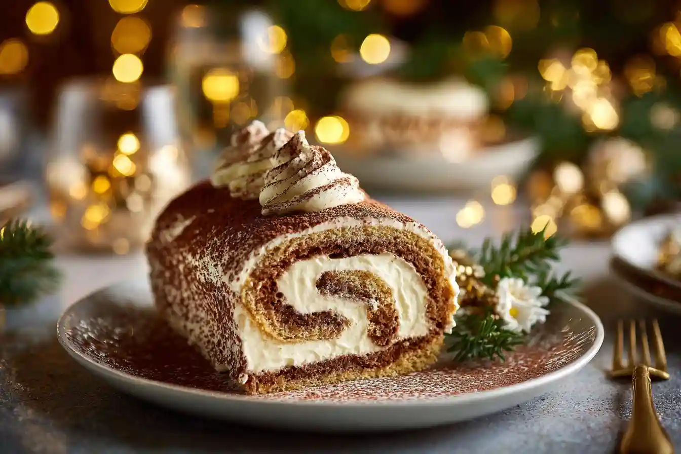 Une part de bûche tiramisu mascarpone saupoudrée de cacao sur une table de fête