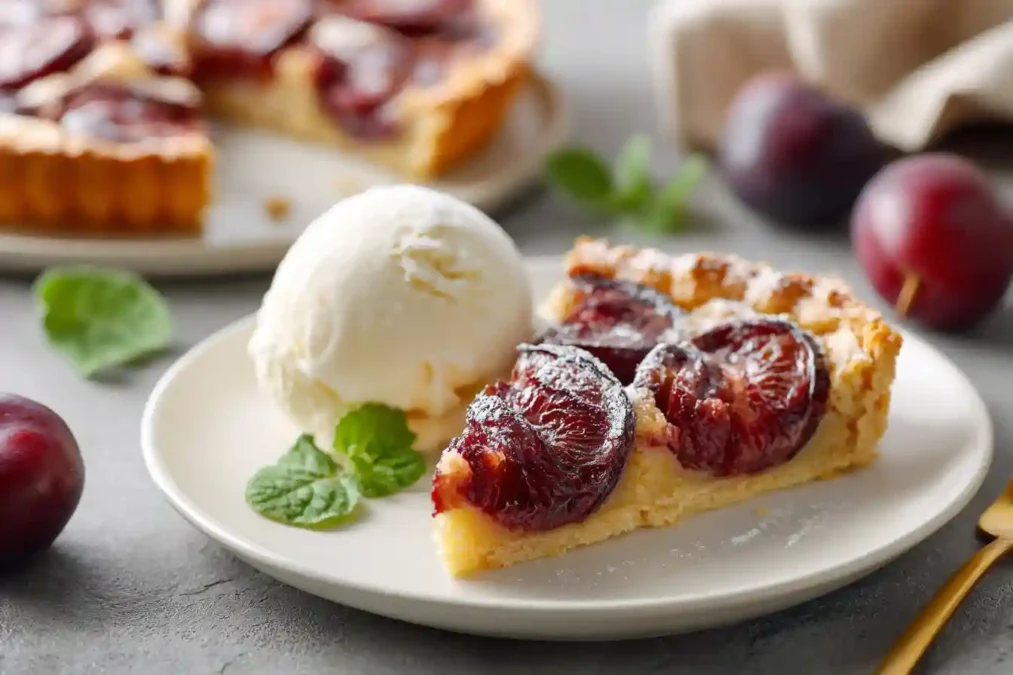 Part de tarte aux prunes à la frangipane servie avec glace à la vanille