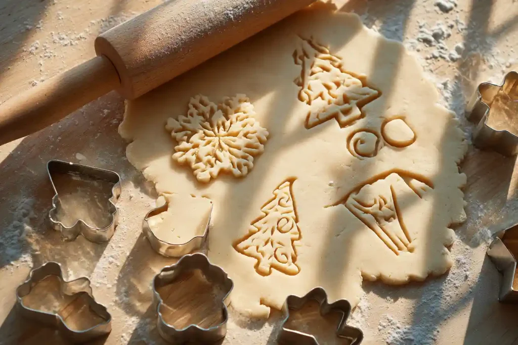 Pâte à sablés étalée, prête à être découpée en formes festives