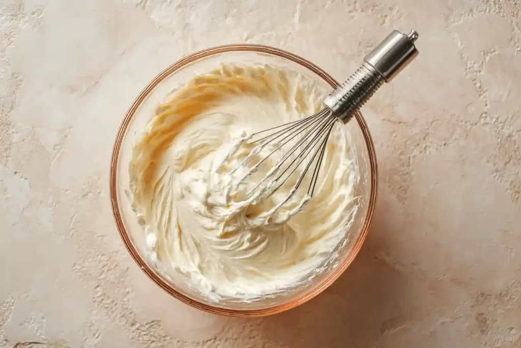 Fouet montant la crème mascarpone dans un bol transparent