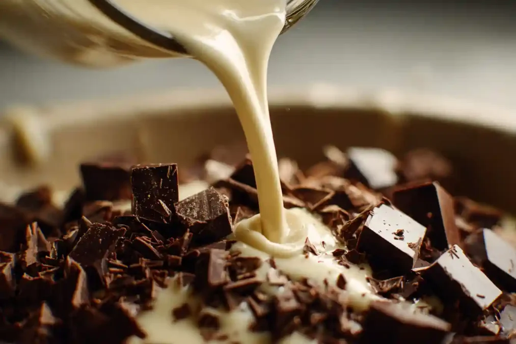Ganache au chocolat en préparation avec crème chaude versée sur chocolat haché