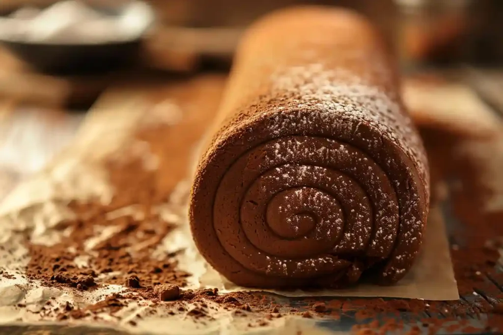 Génoise roulée sur un torchon avec du cacao en poudre