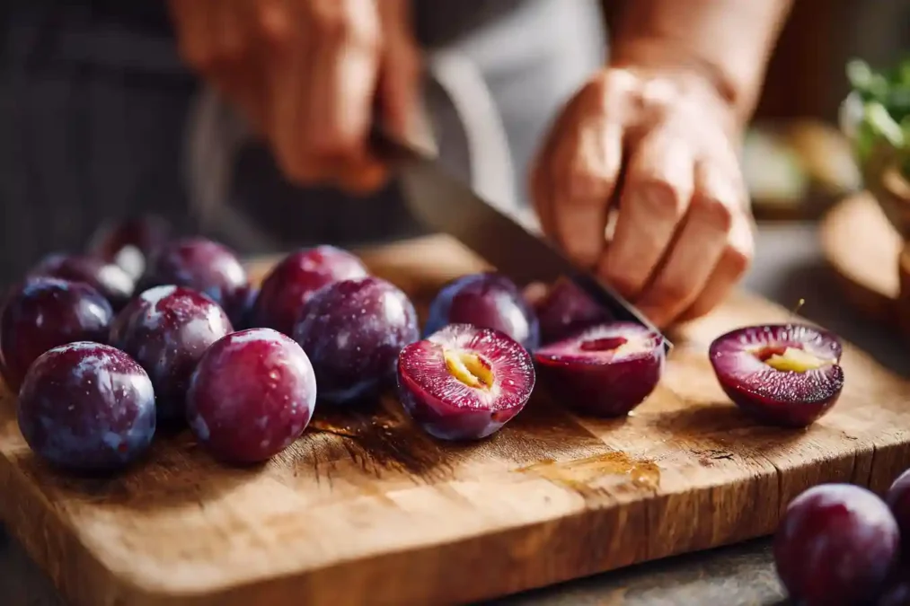 Découpe de prunes fraîches pour la tarte aux prunes à la frangipane