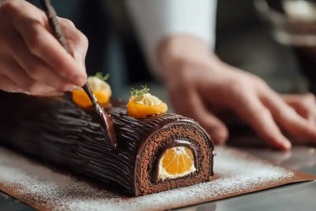 Main du pâtissier étalant une ganache au chocolat sur une bûche garnie de crème et de quartiers de mandarine