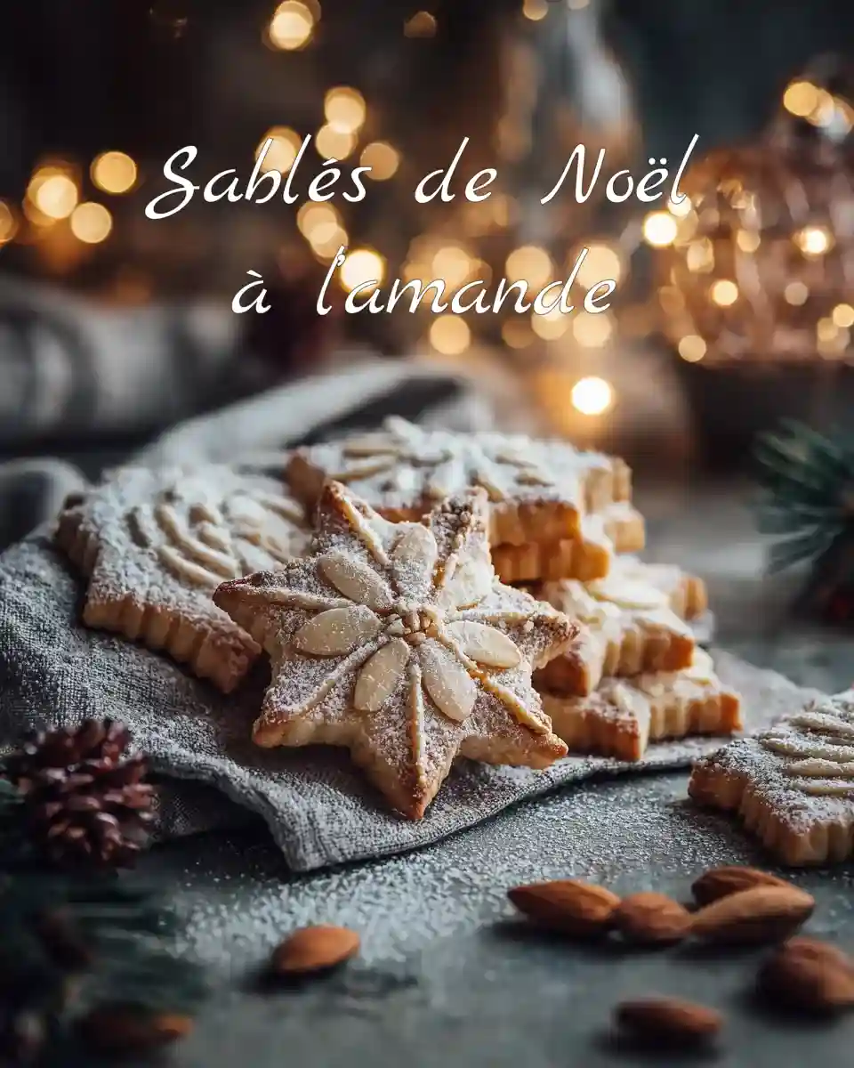 Sablés de Noël à l’amande dorés avec amandes effilées sur nappe festive