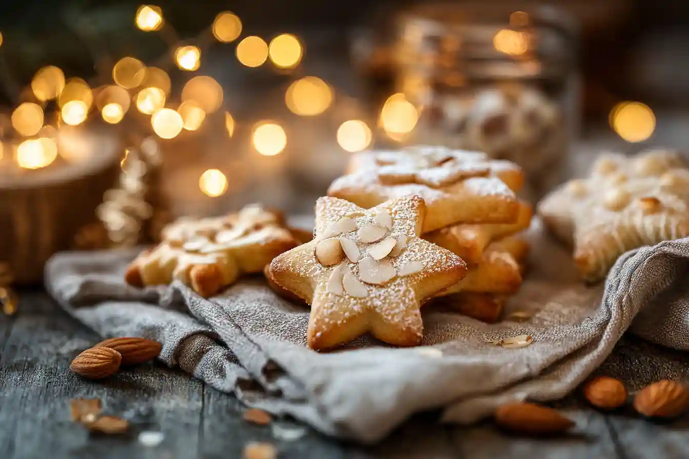 Recette Sablés de Noël à l’amande dorés avec amandes effilées sur nappe festive.
