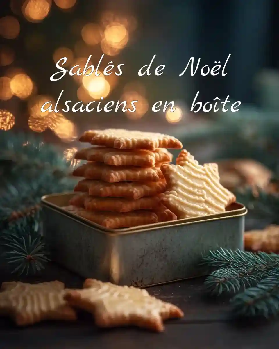 Sablés de Noël alsaciens dorés dans une boîte en fer avec déco hivernale