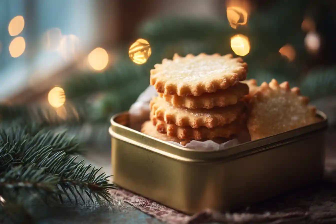 Sablés de Noël alsaciens dorés dans une boîte en fer avec déco hivernale