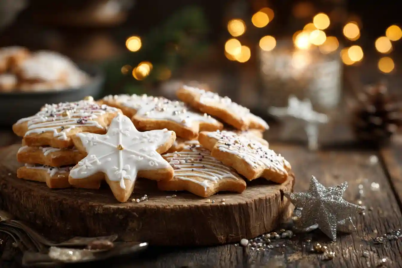 Assortiment de sablés de Noël avec glaçage blanc et de paillettes