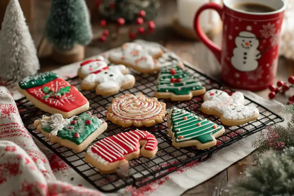 Sablés de Noël glacés posés sur une grille de refroidissement