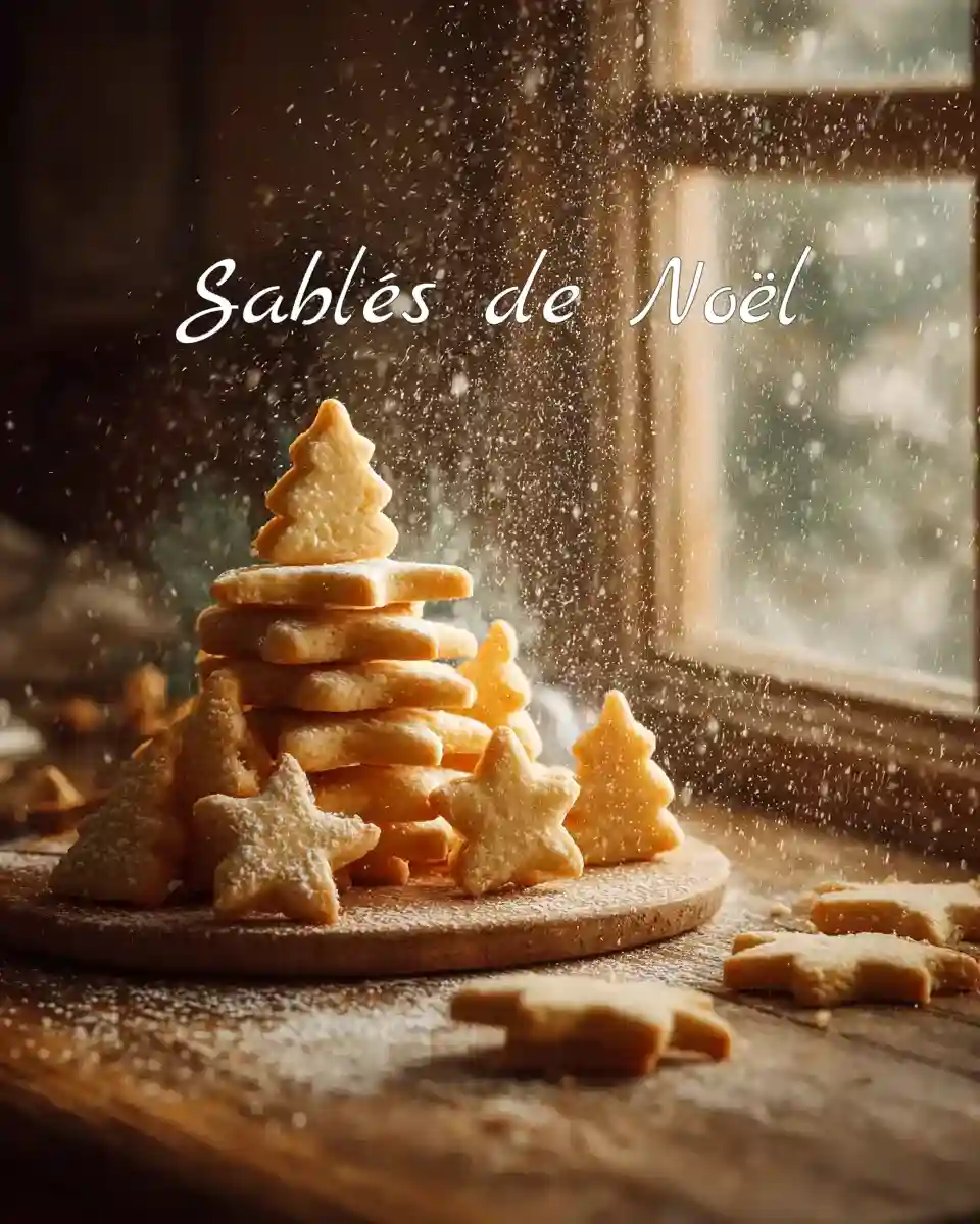 Sablés de Noël dorés empilés sur une table en bois