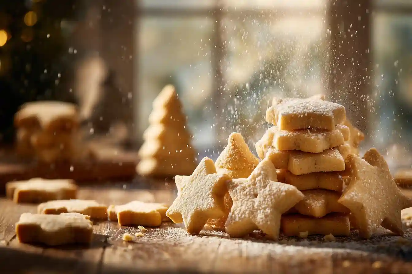 Sablés de Noël dorés empilés sur une table en bois