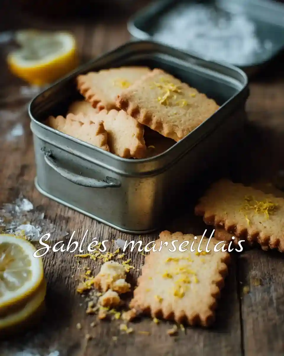 Boîte en fer ouverte remplie de sablés marseillais dorés, zeste de citron et fleur d’oranger