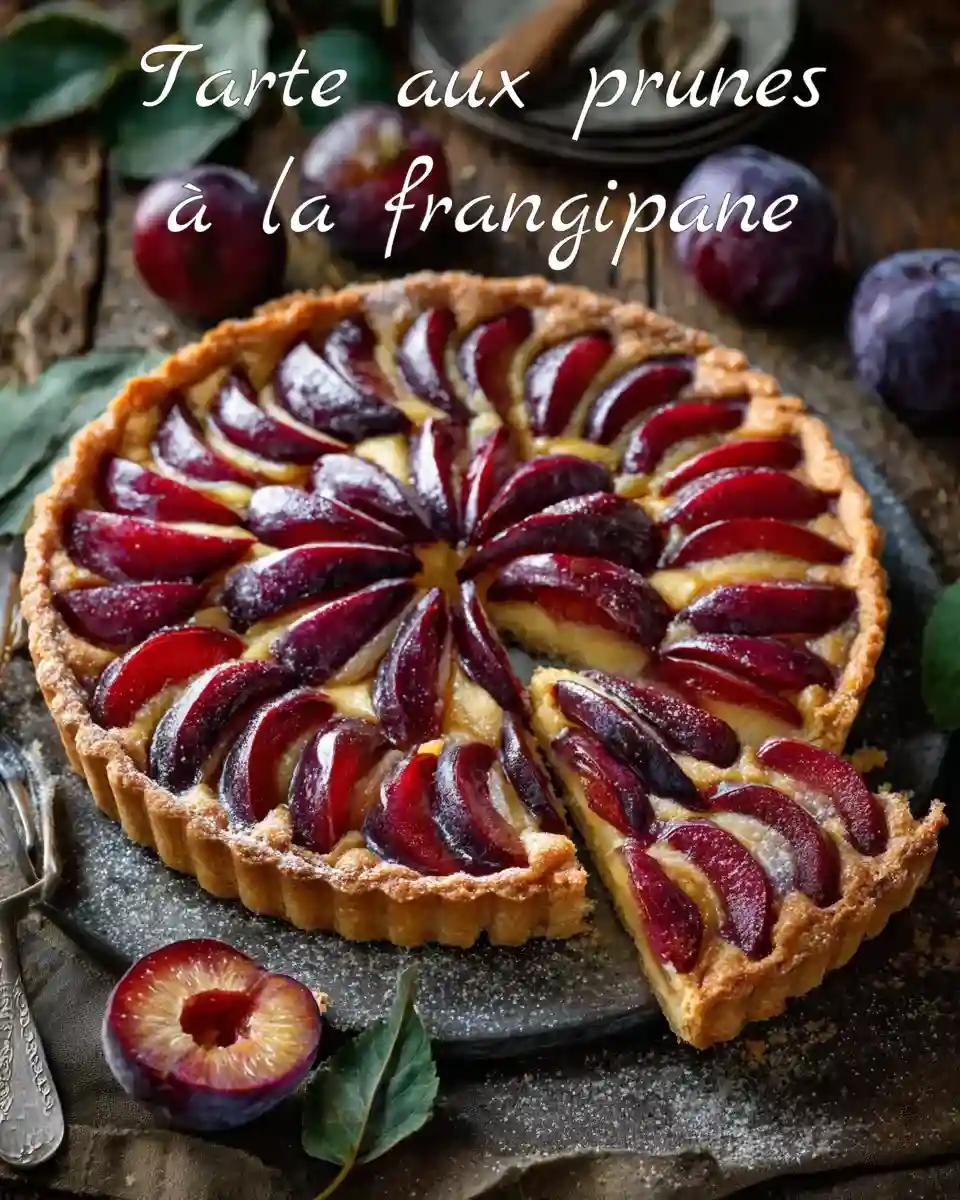 Tarte aux prunes à la frangipane sur fond sablé doré et prunes fraîches