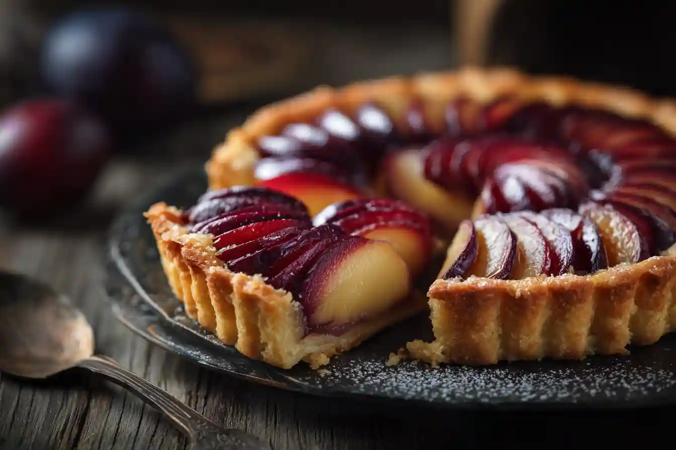 Tarte aux prunes à la frangipane sur fond sablé doré et prunes fraîches