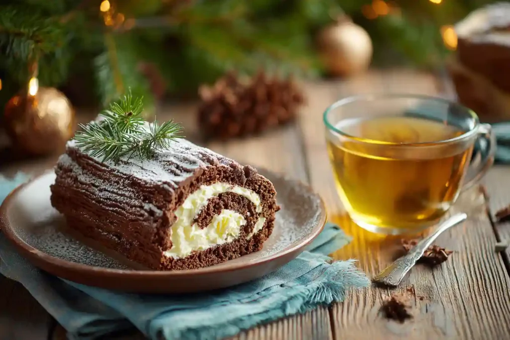 Part de bûche mascarpone chocolat servie avec un verre de thé vert sur une table en bois