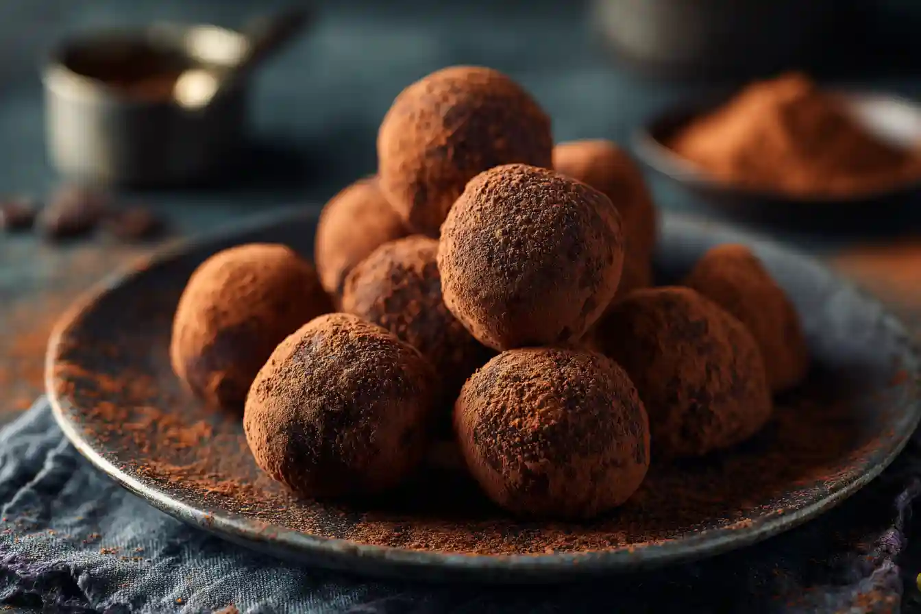 Truffes au chocolat maison roulées dans le cacao sur une assiette sombre