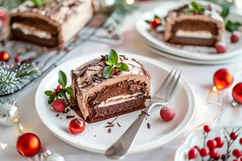 Tranche de bûche glacée au chocolat servie sur une assiette de fête