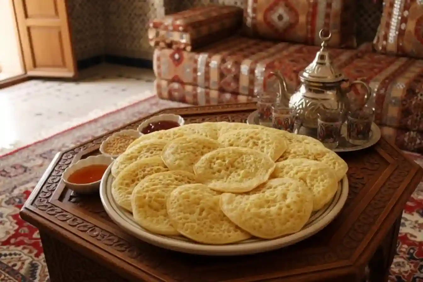 Baghrir marocains servis avec miel et thé à la menthe sur une table traditionnelle