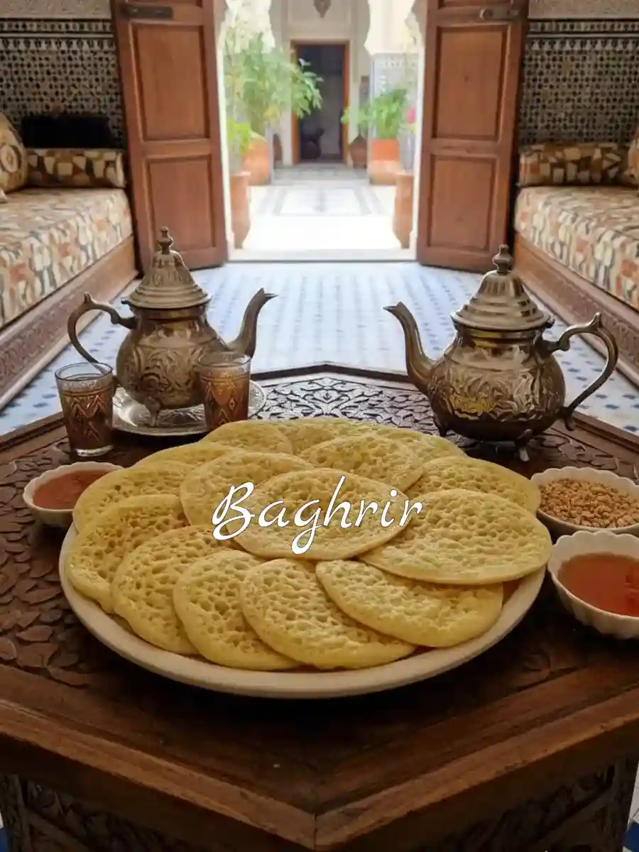 Baghrir marocains servis avec miel et thé dans un riad traditionnel
