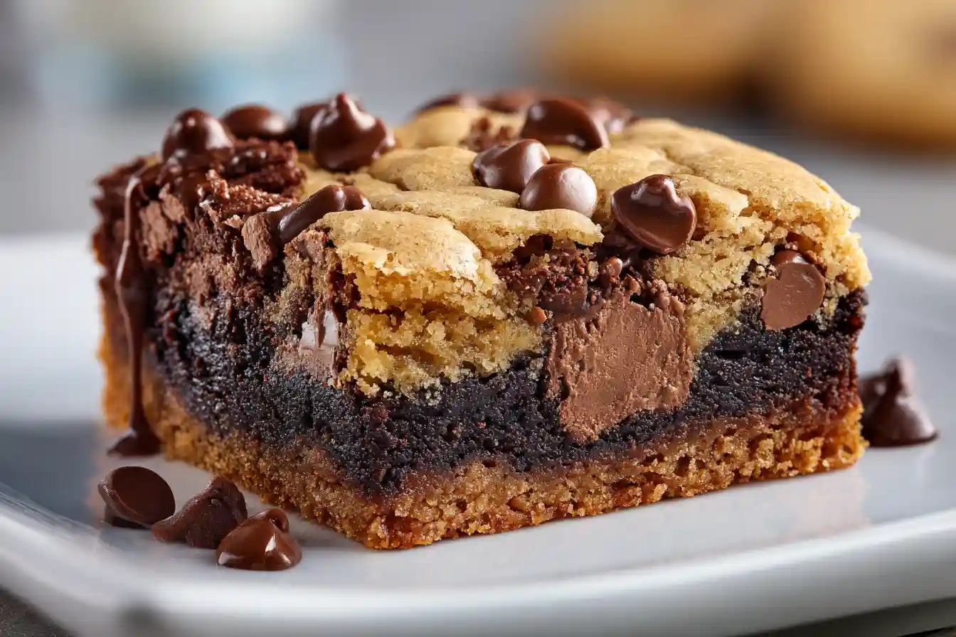 Brookie fondant avec couche brownie et cookie en gros plan