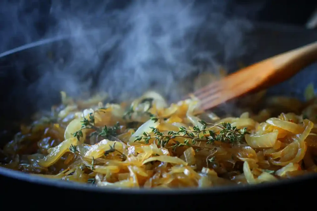 oignons caramélisés à la poêle pour tarte salée