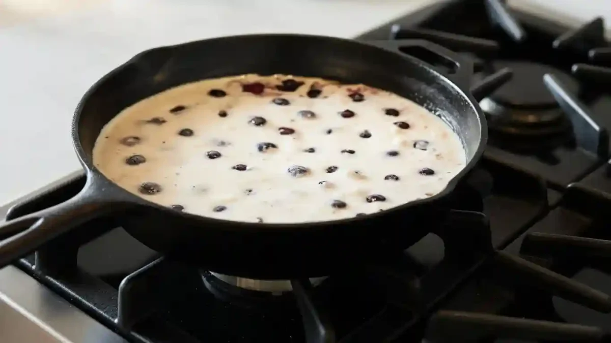 Pâte à clafoutis aux cerises crue dans une poêle en fonte posée sur une cuisinière