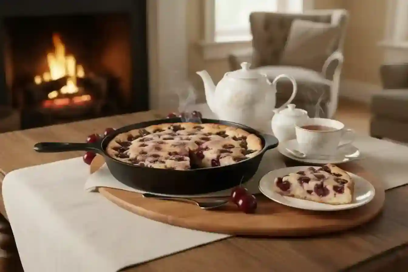 Clafoutis aux cerises servi chaud dans une poêle en fonte sur une table près d’une cheminée