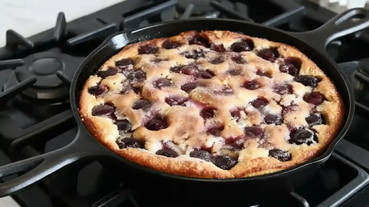 Clafoutis aux cerises doré et chaud dans une poêle en fonte posé sur une cuisinière