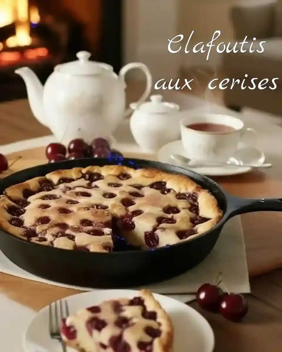 Clafoutis aux cerises servi avec une part sur assiette, théière et tasse de thé près d’une cheminée