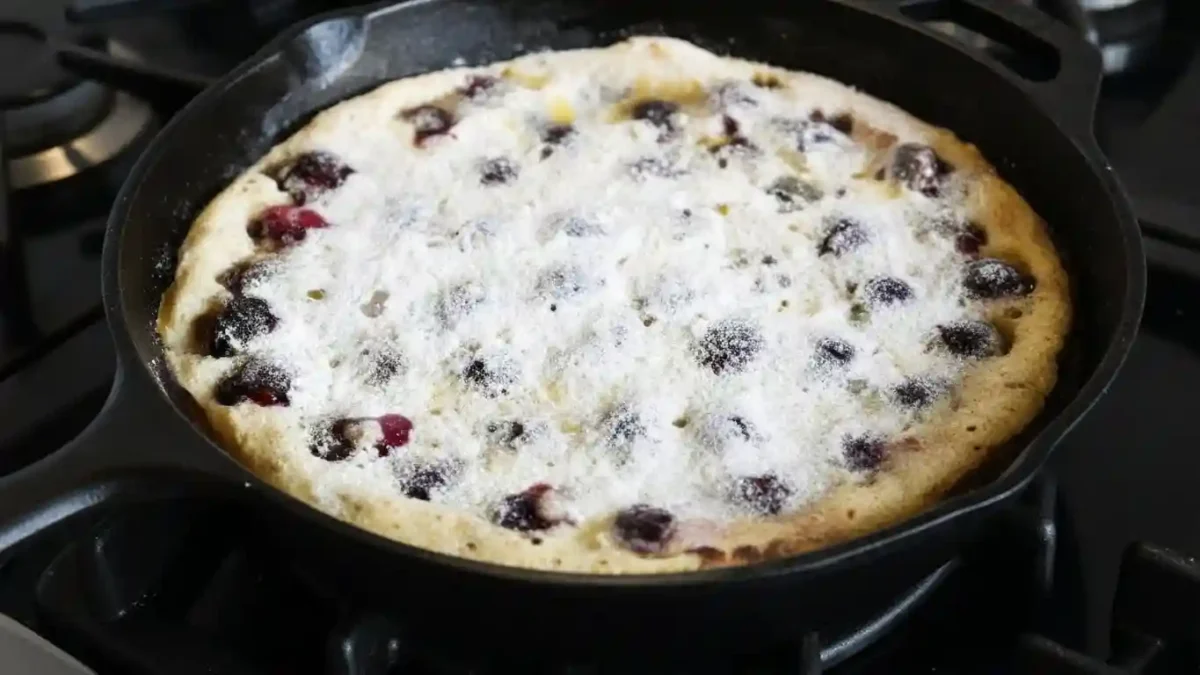 Clafoutis aux cerises saupoudré de sucre dans une poêle en fonte