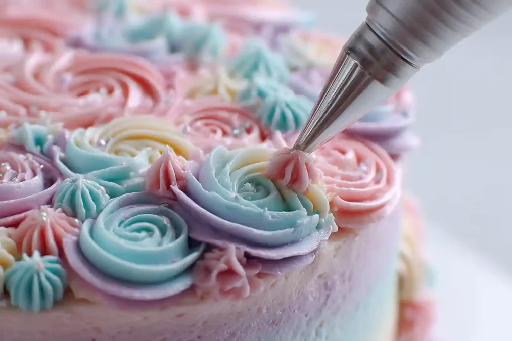Décoration gâteau licorne avec crème au beurre colorée