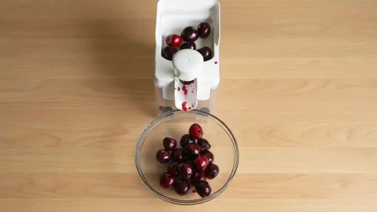 Cerises fraîches dénoyautées dans un bol avec un dénoyauteur placé au-dessus