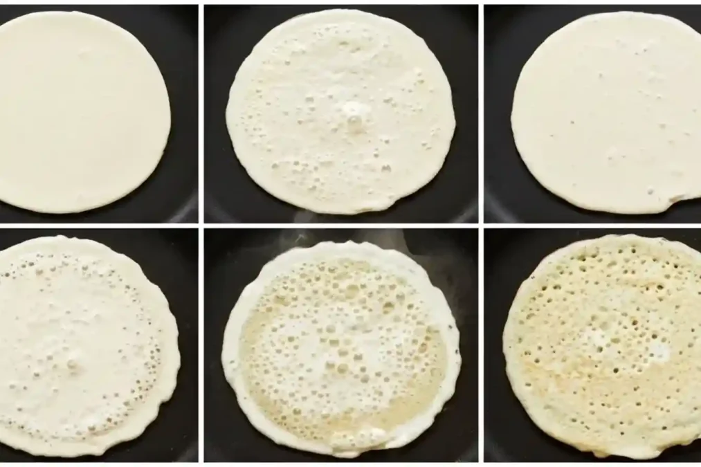 Étapes de cuisson du baghrir montrant la formation des trous dans la poêle